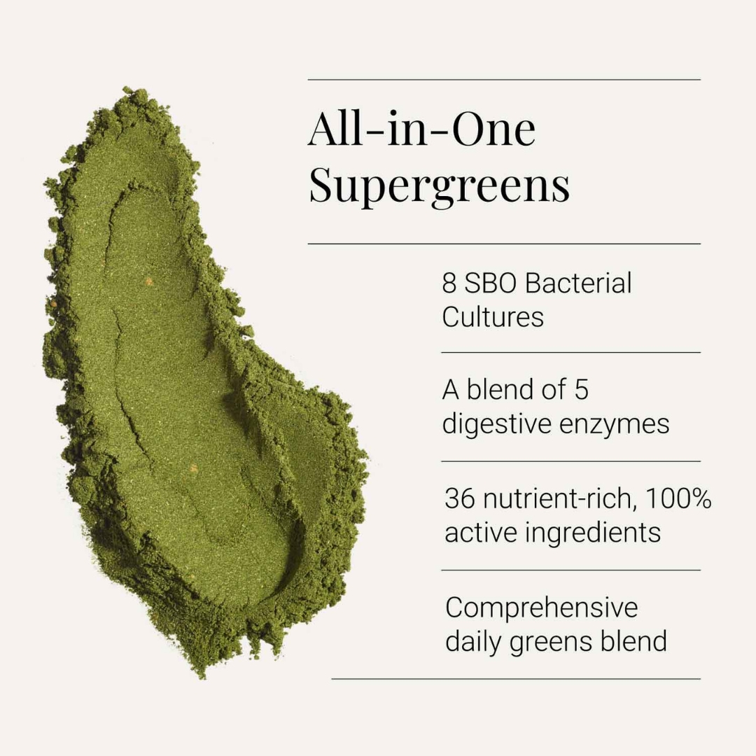 KIKI Health Nature’s Living Superfood green powder highlighting 8 bacterial cultures and digestive enzymes.