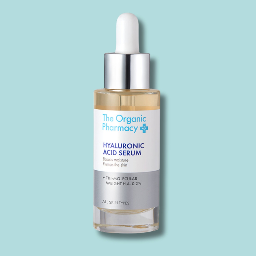 The Organic Pharmacy Hyaluronic Acid Serum bottle on white background – deep-hydration plumping serum with triple-molecular hyaluronic acid