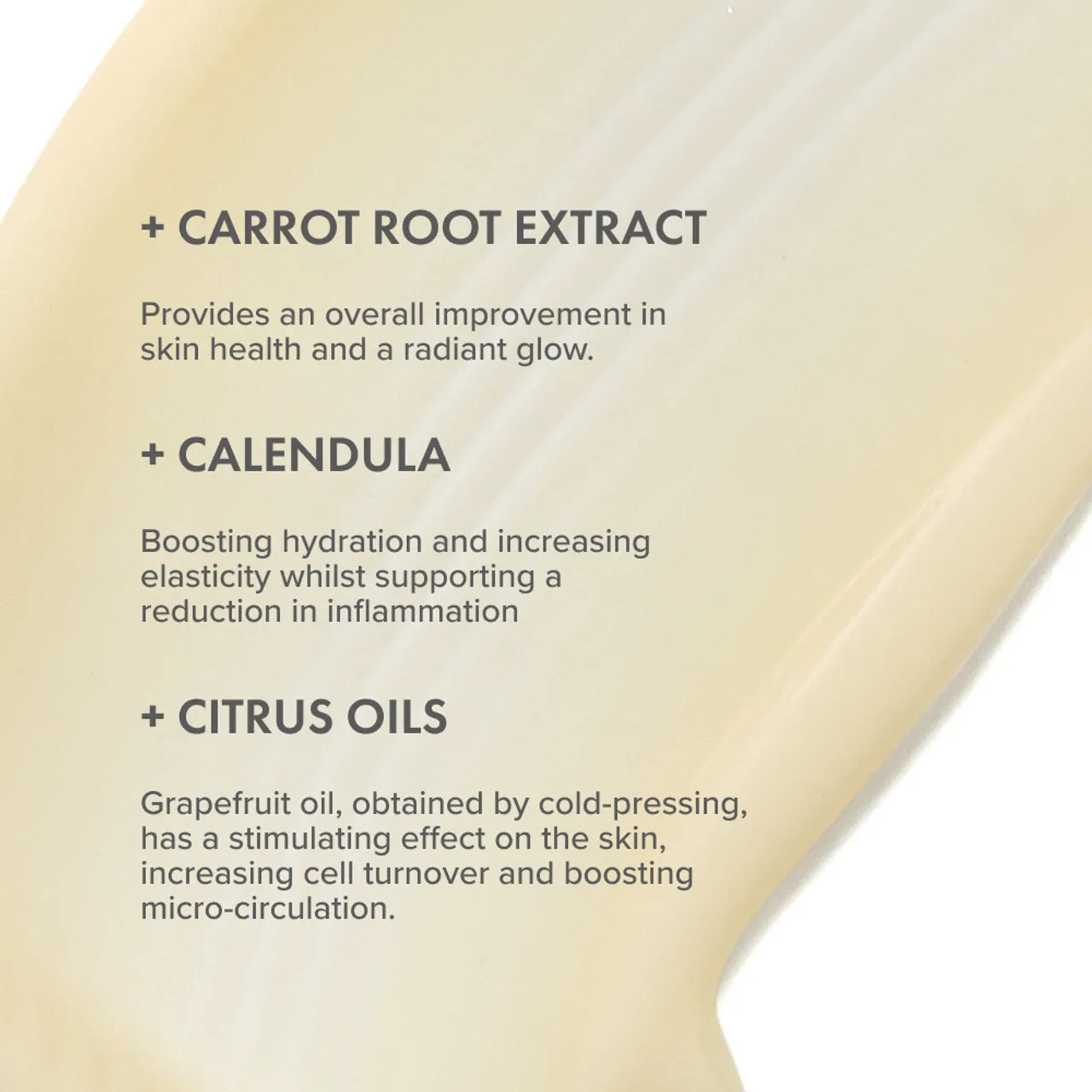 The Organic Pharmacy Vitamin Protection Face Cream ingredients – carrot root extract, calendula, and citrus oils on cream background