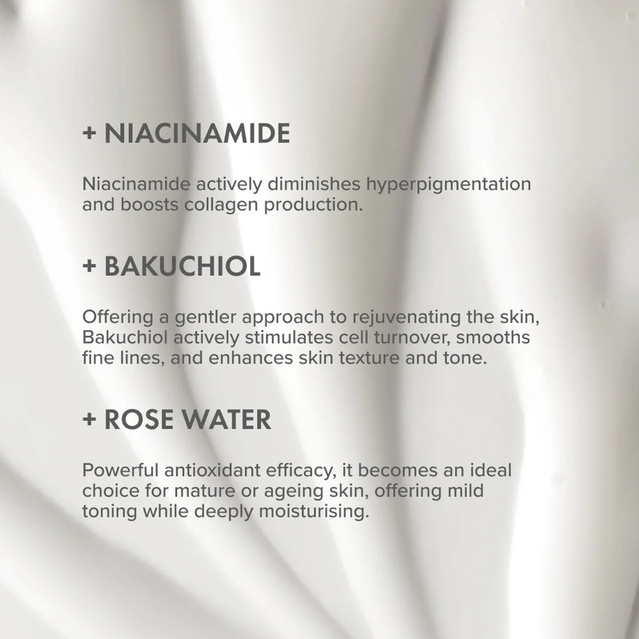 The Organic Pharmacy Niacinamide Ultra 5 Serum ingredients — niacinamide, bakuchiol, and rose water on soft cream background