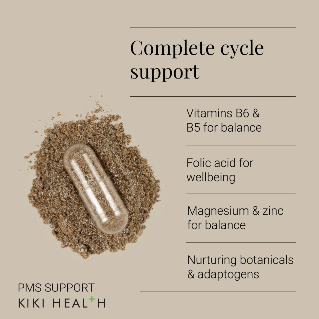 KIKI Health PMS Support supplement capsule with vitamins, minerals, and botanicals for complete cycle support