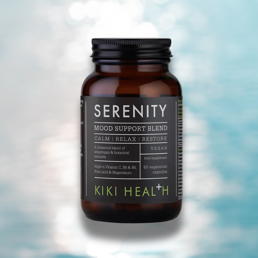 KIKI Health Serenity Mood Support Blend supplement bottle with water background for calm and relaxation