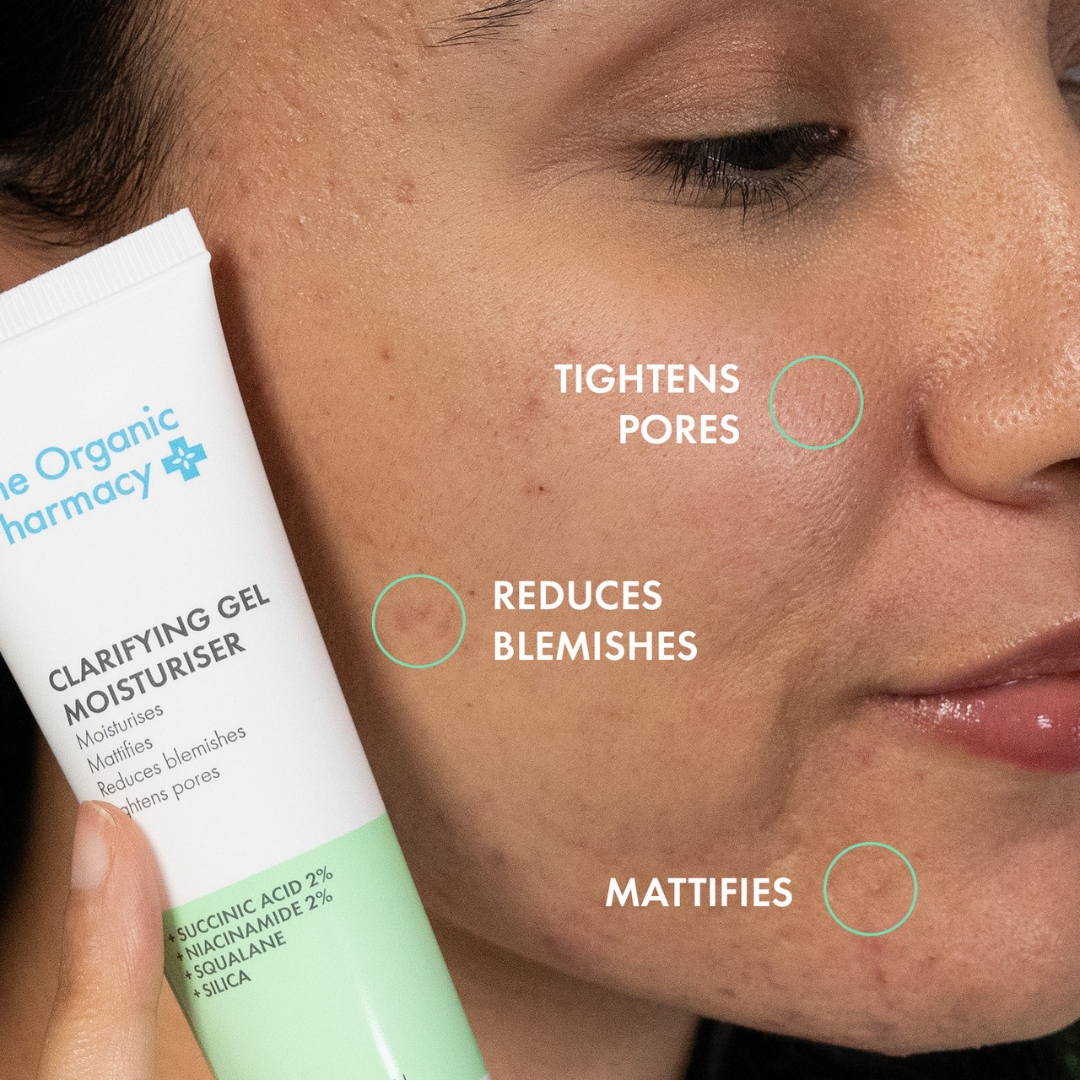 Close-up of skin using The Organic Pharmacy Clarifying Gel Moisturiser showing reduced blemishes, tightened pores, and mattified complexion