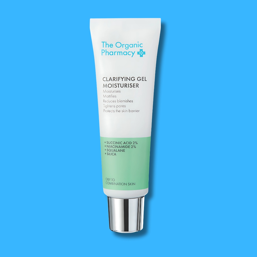 The Organic Pharmacy Clarifying Gel Moisturiser for oily to combination skin with succinic acid and niacinamide