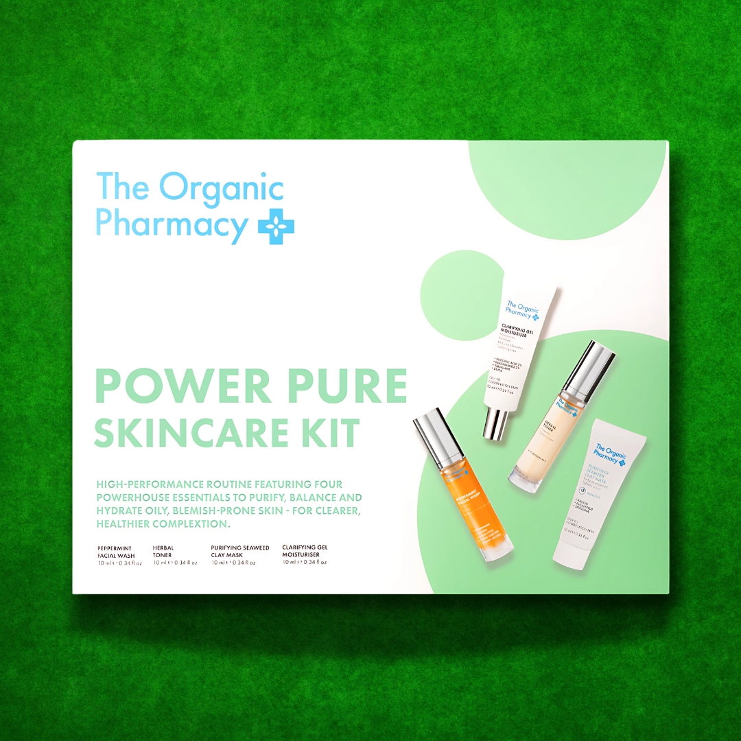 The Organic Pharmacy Power Pure Skincare Kit box with four products for oily and blemish-prone skin