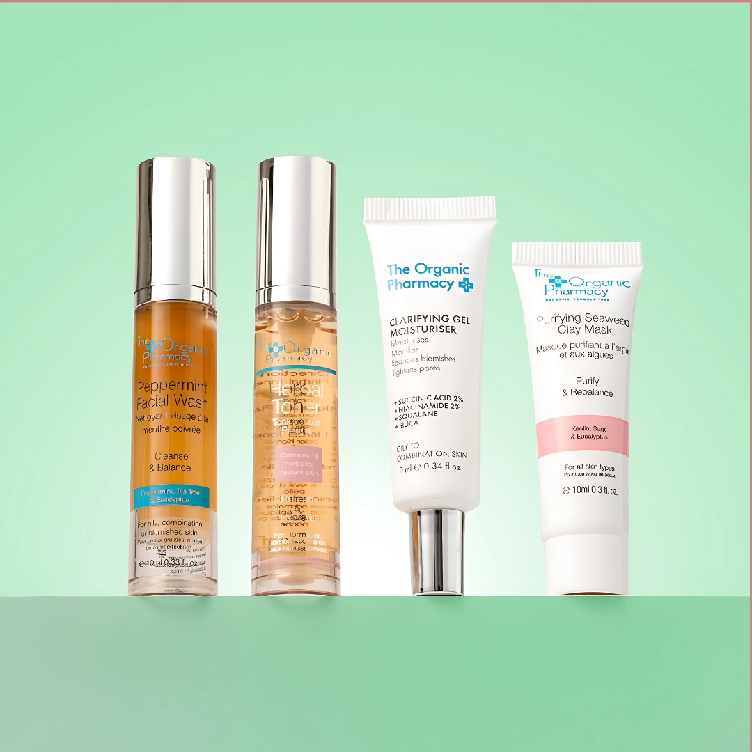 The Organic Pharmacy Power Pure Skincare Kit box with products displayed outside for full set view