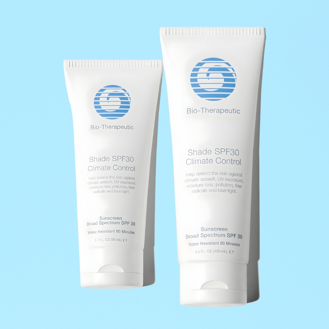 Bio-Therapeutic Shade SPF 30 Climate Control tubes on light blue background showing 50 ml and 100 ml sizes of sunscreen