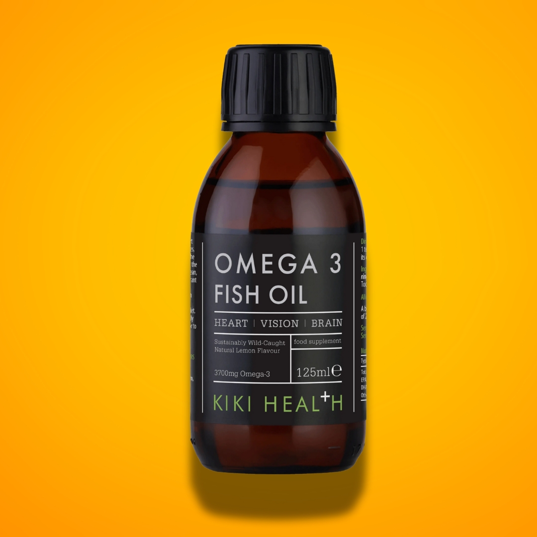 KIKI Health Omega 3 Fish Oil 125 ml bottle on bright yellow background for heart, brain and vision support