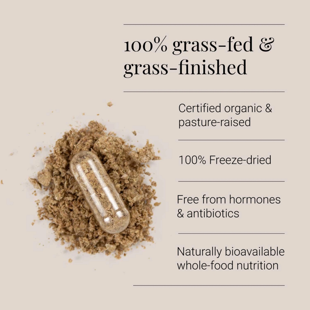 KIKI Health Organic Beef Liver capsule and freeze-dried powder showing nutrient density and natural composition