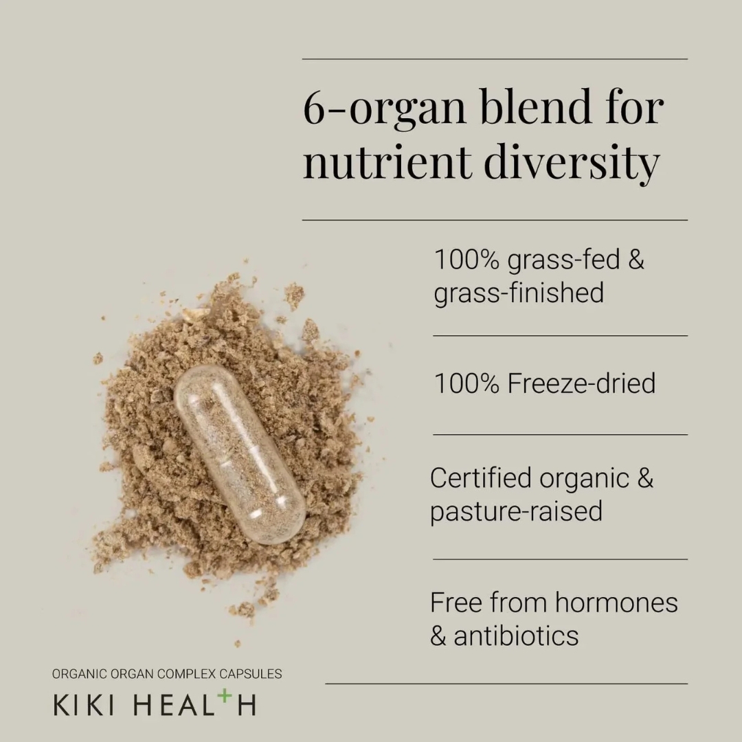 Open capsule of KIKI Health Organic Organ Complex with powder showing 6-organ blend benefits