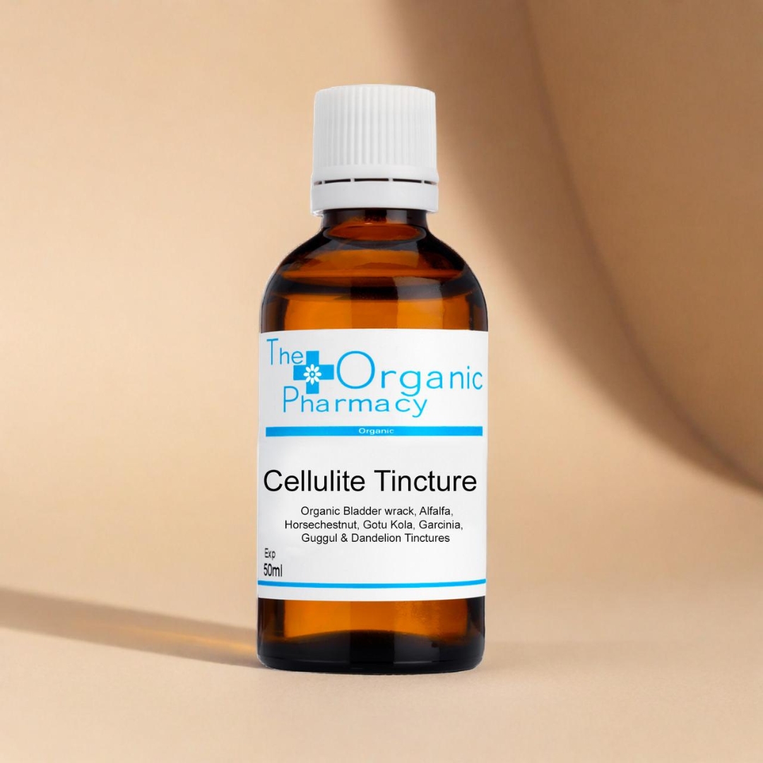 The Organic Pharmacy Cellulite Tincture 50ml herbal blend bottle on beige background for natural body care