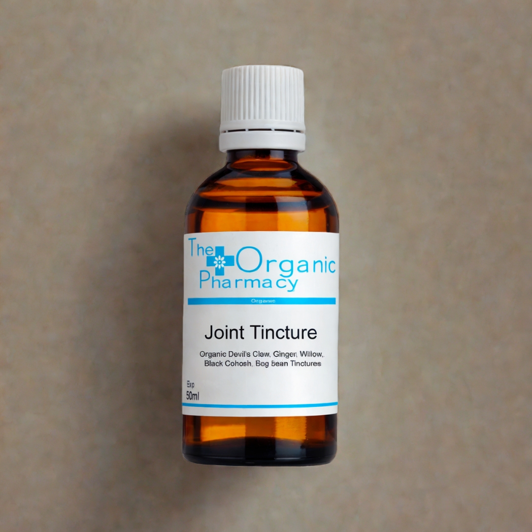 The Organic Pharmacy Joint Tincture 50 ml bottle on neutral beige background for natural joint care and mobility