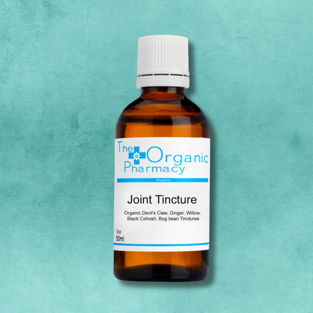 The Organic Pharmacy Joint Tincture 50 ml amber bottle on turquoise background for joint and mobility support