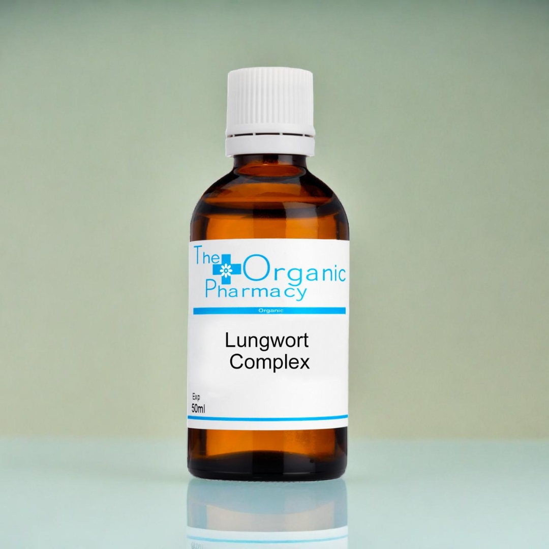 The Organic Pharmacy Lungwort Complex herbal tincture natural remedy in 50ml bottle on green background