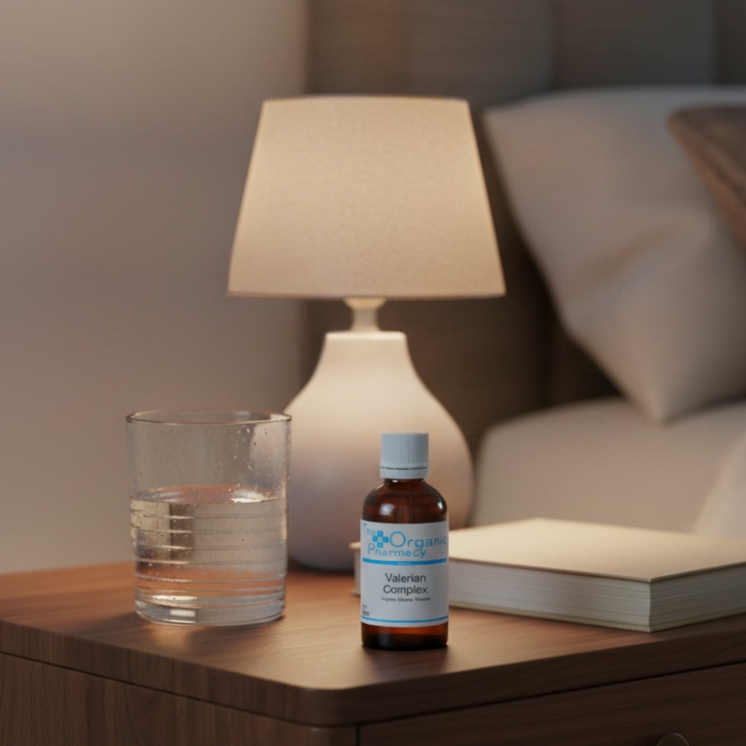 The Organic Pharmacy Valerian Complex tincture on bedside table with glass of water and lamp for natural sleep support