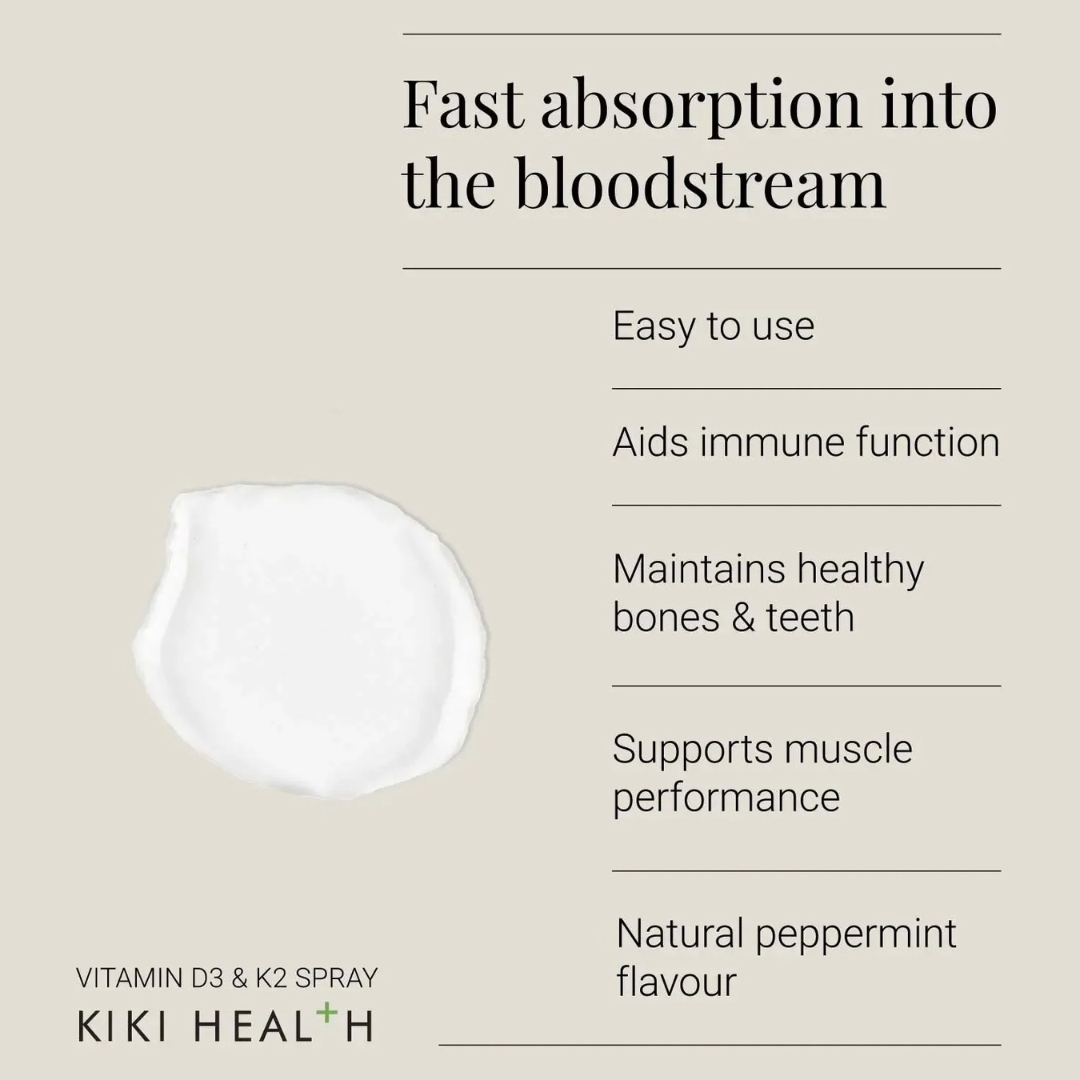 Vitamin D3 and K2 oral spray benefits graphic highlighting fast absorption and immune support