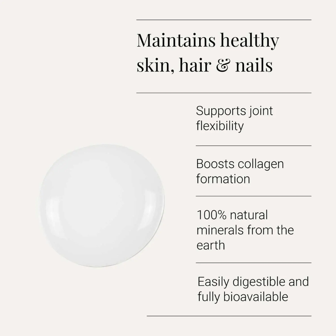 Informational graphic highlighting ionic silica benefits including support for skin, hair, nails, joint flexibility, and collagen formation.